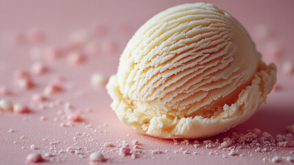 Creamy ice cream ball on pink background. Advertising photo of ice cream. Ice cream for a cookbook .