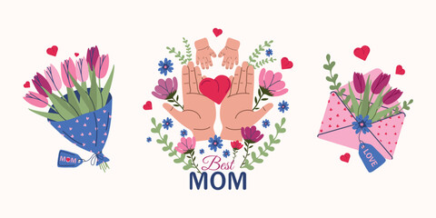 A hand-drawn set for Mother's Day. A bouquet of flowers, an envelope with flowers and children's and women's hands. Vector illustration.