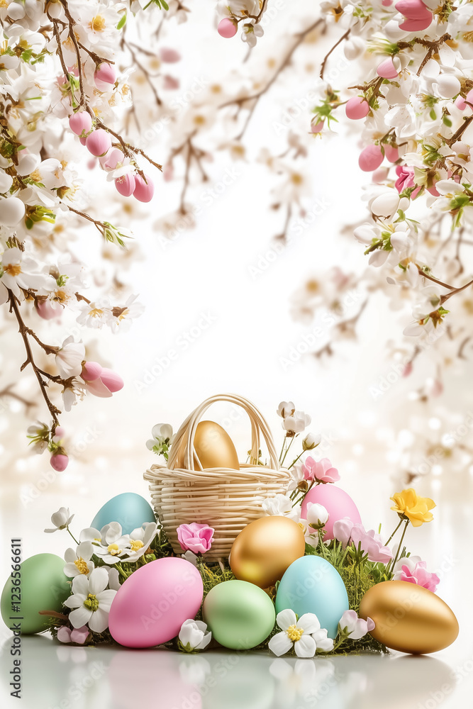 Poster close-up view of a handcrafted easter diorama featuring tiny baskets eggs and flowers arranged artfu
