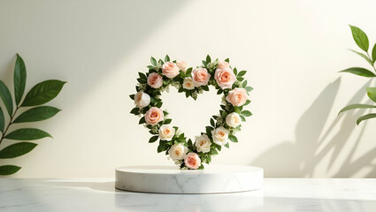 Heart-Shaped Floral Wreath with White and Pink Flowers on Pedestal

