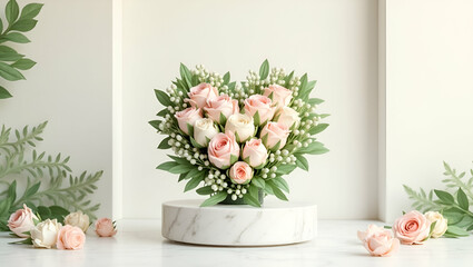 Vase of Pink Flowers on White Marble Pedestal with Green Foliage Background

