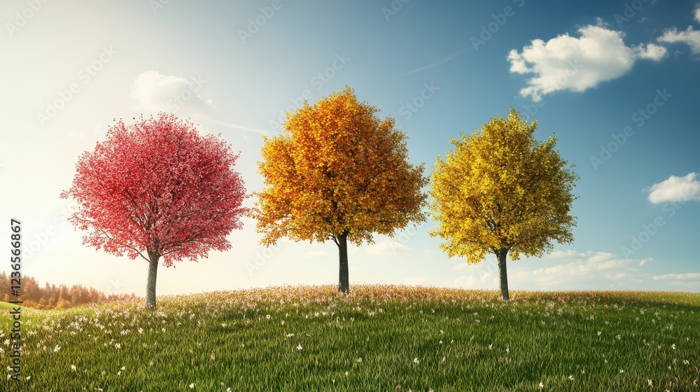 Poster contrast of seasons with a red autumn tree beside a white winter tree under a vibrant sky during lat