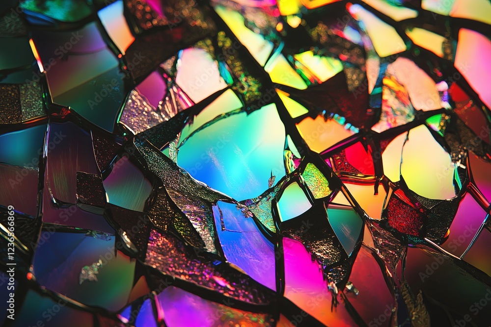 Poster a shattered glass effect with each shard reflecting a different vivid hue