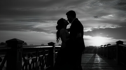 Black and White Silhouette of Kissing Couple on Pier with Dramatic Sky

