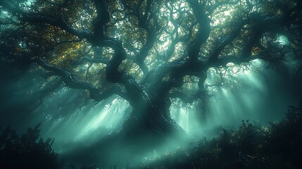 Fototapeta premium Ancient tree in mystical forest, sun rays, fantasy art, game background.