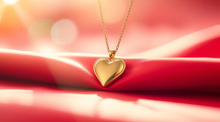 Gold Heart-Shaped Pendant Necklace on Red Fabric Background

