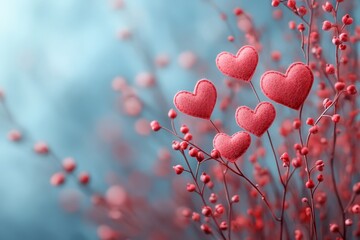 Five Felt Hearts Adorn Delicate, Coral-Colored Branches Against A Soft Blue Backdrop.