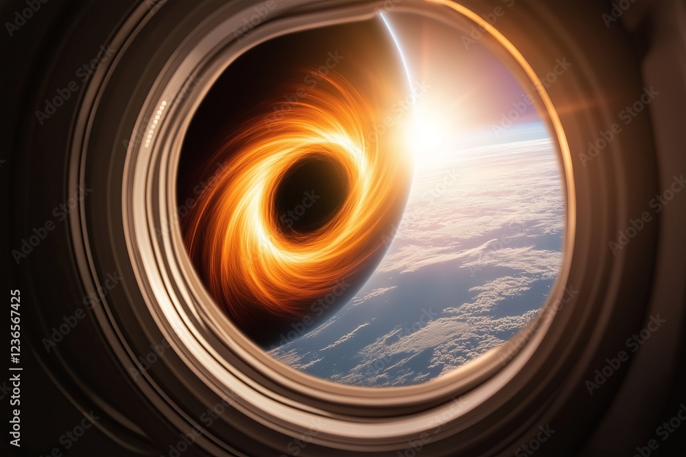 Poster a spaceship window view of a massive black hole, light bending around it