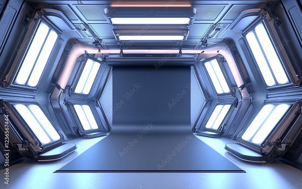 Poster futuristic spaceship corridor with glowing panels.