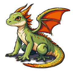 Fototapeta premium a green dragon with orange wings and a red tail, sitting on the ground