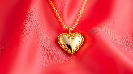 Gold Heart-Shaped Pendant Necklace on Red Satin Fabric

