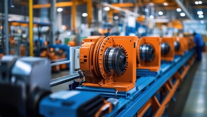 Fototapeta premium Assembly Line of Orange Industrial Machines in a Modern Factory