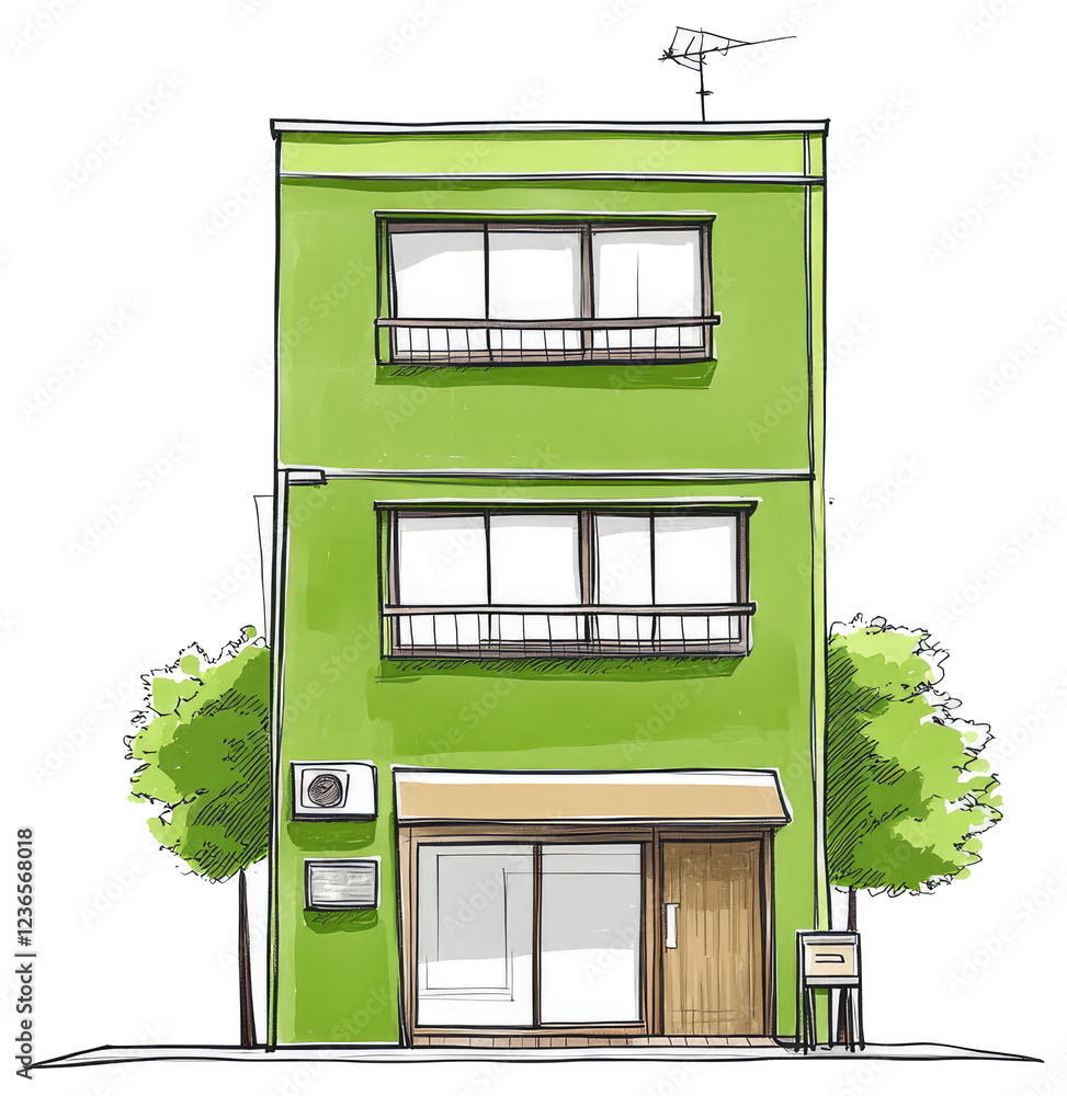 Poster green building with two floors and storefront