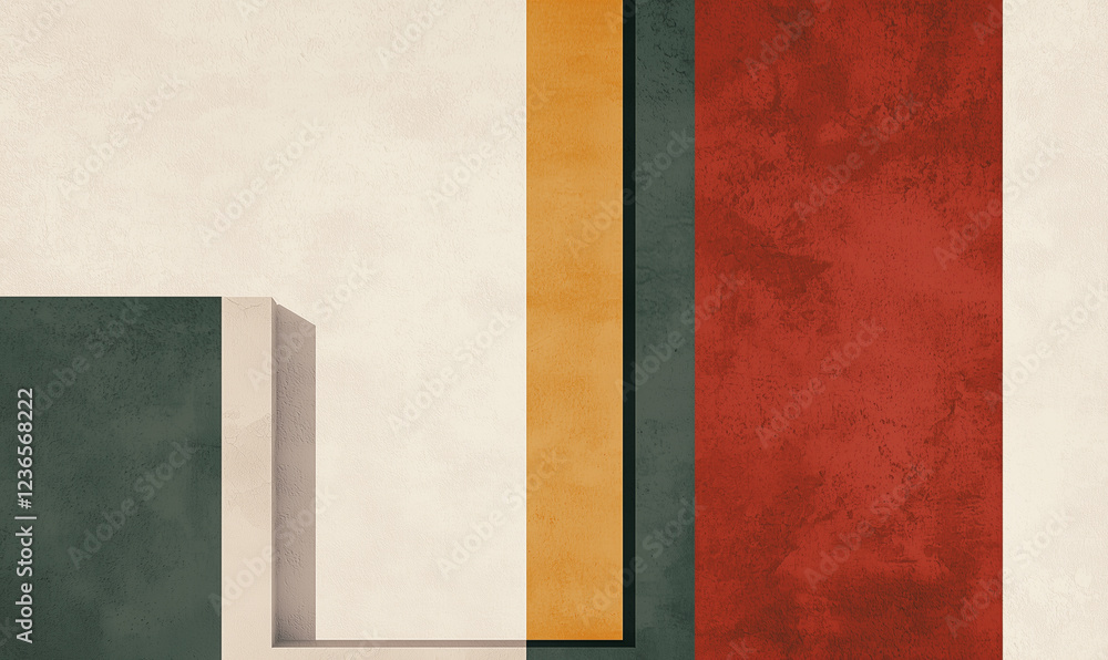 Poster abstract geometric composition featuring layered colors and textures in a minimalist style.