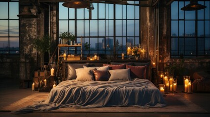 Romantic Loft Bedroom with Cityscape View at Twilight