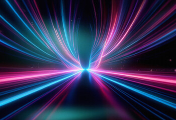 Obraz premium Abstract sci-fi background featuring a double exposure effect. Glowing pink and blue light trails converge, creating a dynamic, futuristic tunnel.