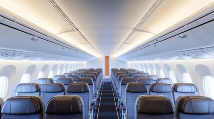 Fototapeta premium Empty Airplane Cabin Interior with Bright Lighting