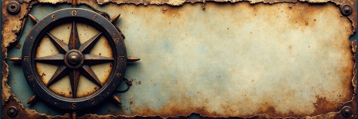 Worn weathered nautical banner, frayed edges, compass rose, edges, vintage, blue
