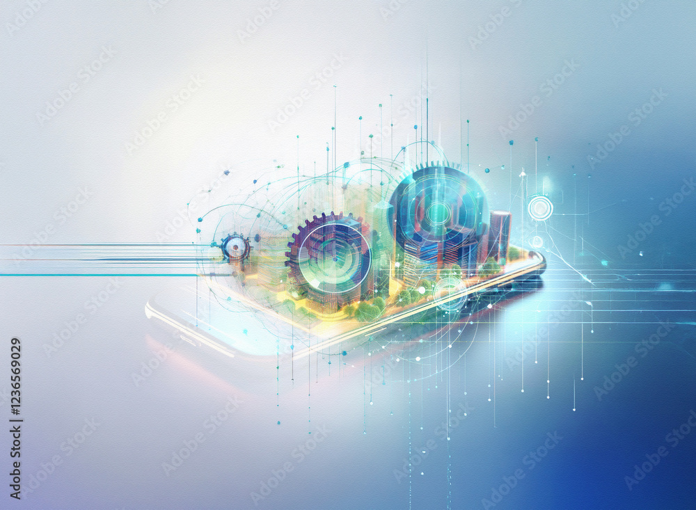 Poster Abstract sci-fi cityscape rendered in a double exposure style, floating on a futuristic device against a soft, blue background.  Gears and technological elements are integrated.