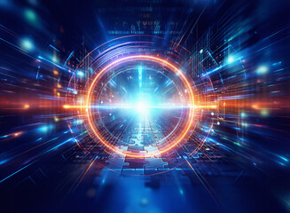 Obraz premium Abstract sci-fi double exposure background. Glowing circular portal with streaks of light and digital elements creates a futuristic, energetic scene.