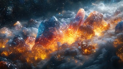 Celestial Crystal Mountains Glowing In Cosmic Clouds