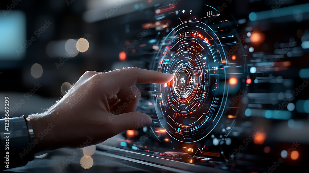 Poster interactive technological interface modern workspace digital display futuristic environment close-up