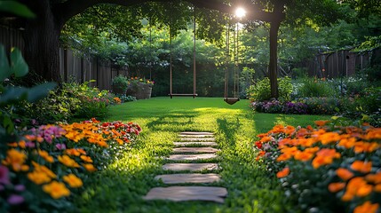 Obraz premium Sunlit garden path leads to a wooden swing under a tree, surrounded by colorful flowers and lush green grass.