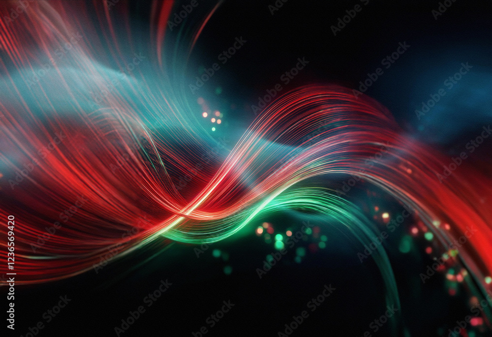 Poster Abstract sci-fi background featuring a double exposure effect.  Intertwined red and teal light streaks create a dynamic, flowing composition. Glowing particles add depth.