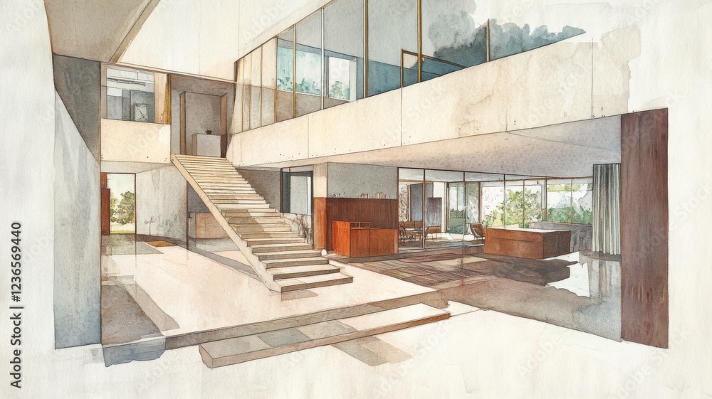 Poster modern brutalist home with light watercolor rendering showcasing open space and raw concrete element