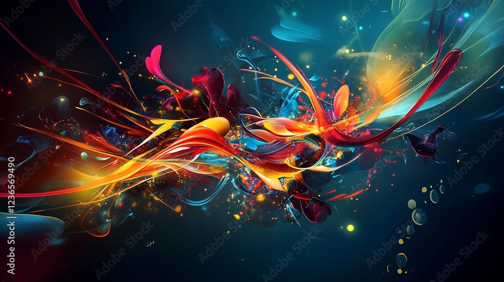 Poster abstract digital art with fluid colorful shapes and sparkling effects on dark background