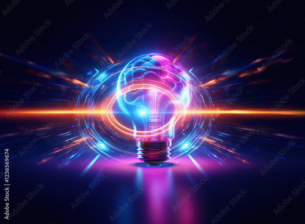 Poster Abstract sci-fi double exposure image of a glowing lightbulb against a vibrant, futuristic background.  The bulb's design incorporates brain-like patterns.