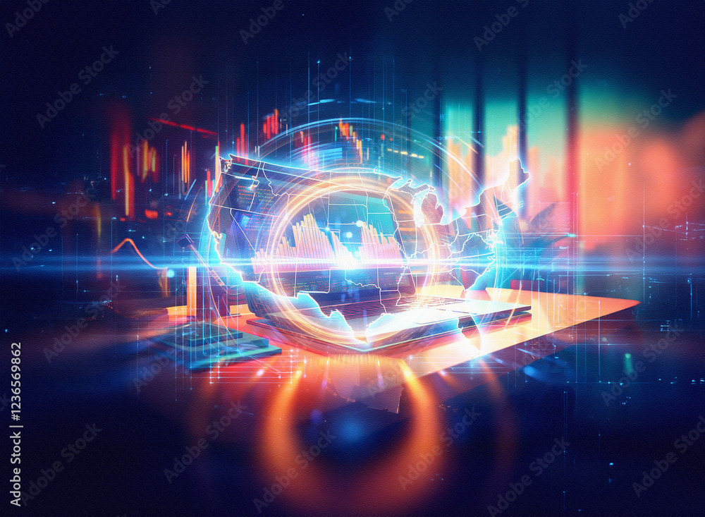 Poster abstract sci-fi double exposure image. glowing orb resembling a world map hovers over a tablet on a 