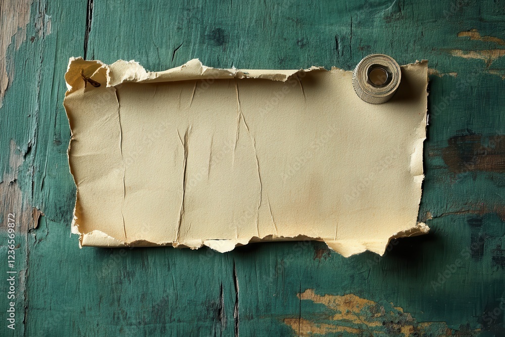 Poster torn vintage paper on a rustic wooden surface with a roll of tape beside it, suggesting a creative p
