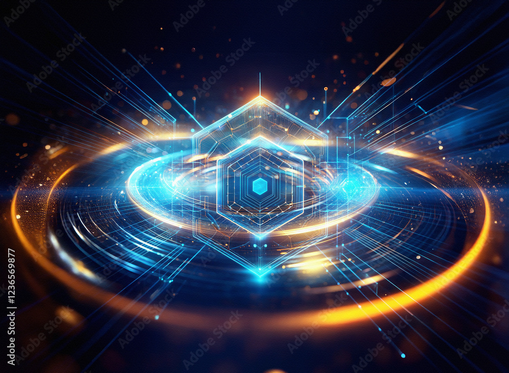 Poster abstract sci-fi background featuring a glowing, hexagonal cube at the center of a double exposure, r