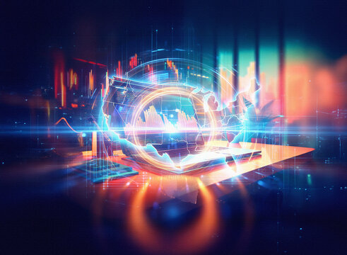 Abstract sci-fi double exposure image. Glowing orb resembling a world map hovers over a tablet on a dark background, surrounded by data visualizations and bright light flares.