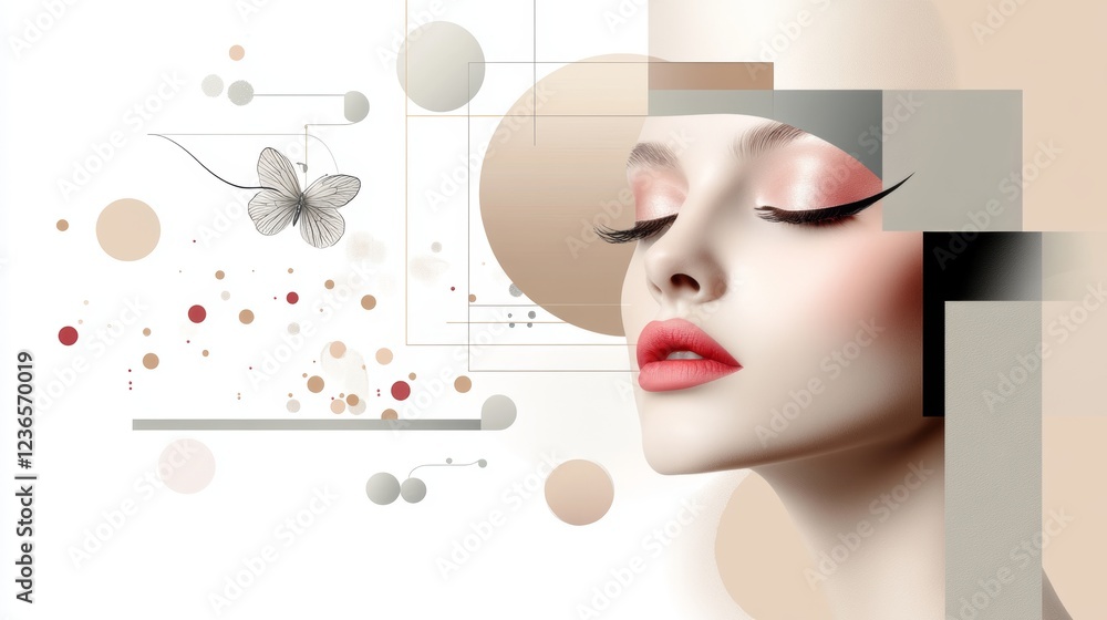 Aufkleber background design featuring a girl in a minimalist chaos style with abstract elements and soft color