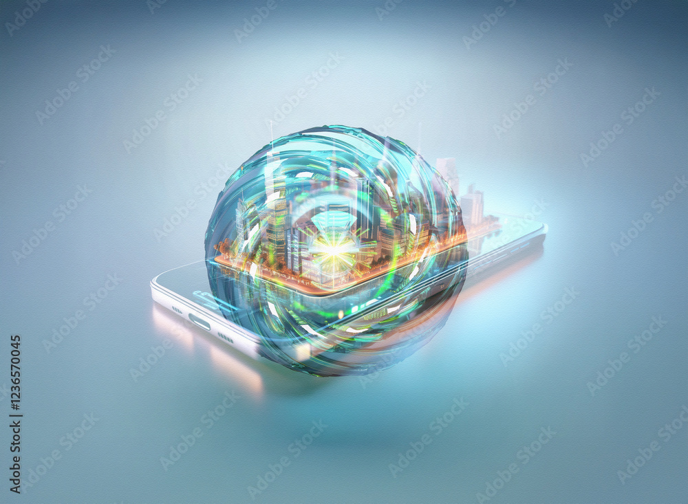 Poster Abstract sci-fi double exposure image depicting a futuristic city contained within a transparent sphere resting on a smartphone against a blurred background.