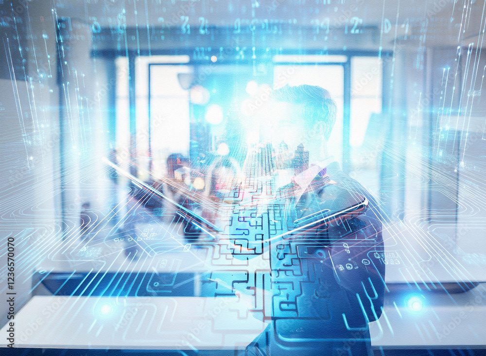 Poster abstract sci-fi double exposure image. a person holds a tablet, overlaid with circuit board patterns