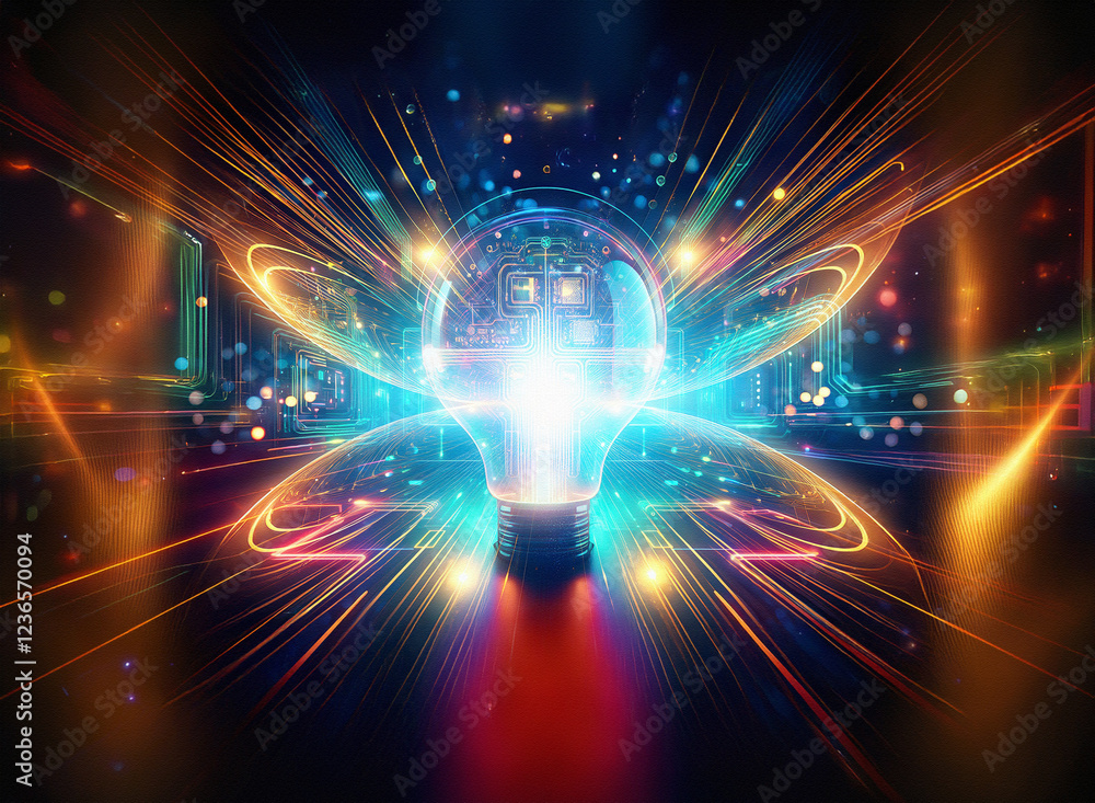 Poster abstract sci-fi double exposure image. a glowing lightbulb at the center, surrounded by vibrant, dyn