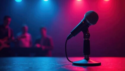 Obraz premium Stage microphone with blurred background, vibrant lighting, concert, equipment, background