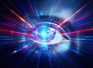 Abstract sci-fi double exposure image of a futuristic eye, vibrant colors and light streaks radiating outward against a dark background.  The eye is central and detailed,  creating a dynamic and visua