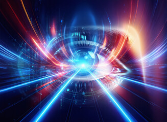 Obraz premium Abstract sci-fi background featuring a double exposure of a vibrant eye, surrounded by streaks of light and digital elements. Intriguing and futuristic.