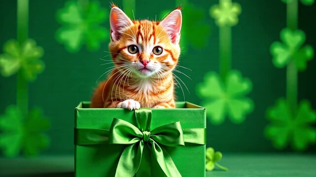 Saint Patrick's Day background with A cat is sitting in a green box with a green bow. The cat is looking at the camera