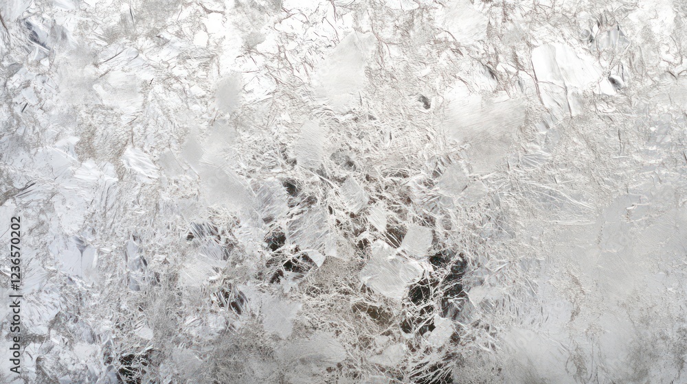 Poster Intricate frost patterns on a window pane, showing delicate icy crystals and textures.