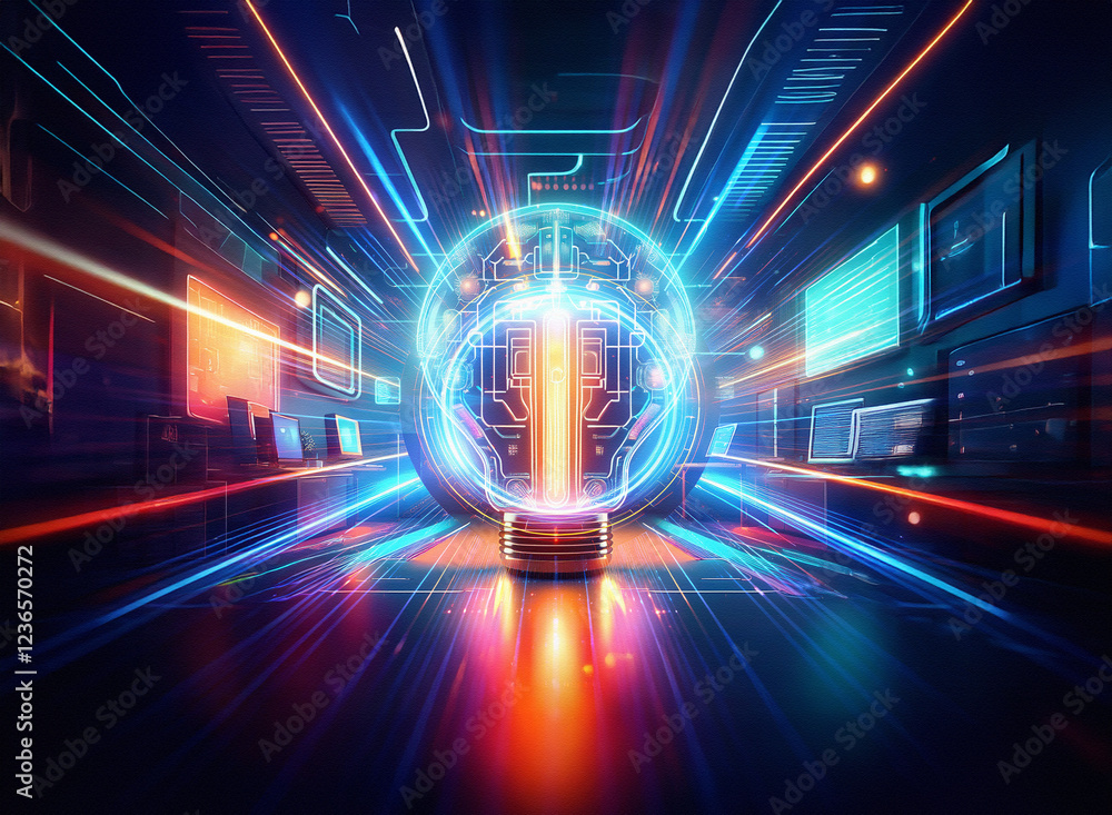Leinwandbilder abstract sci-fi double exposure image. glowing brain inside a lightbulb, futuristic background with 