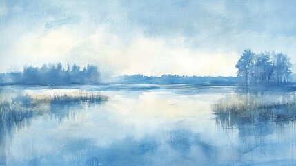 Fototapeta premium Serene Blue Lake Watercolor Landscape Painting