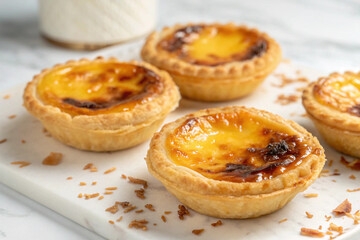 Egg tarts, hot baked on a white screen