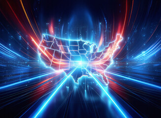 Fototapeta premium Abstract sci-fi double exposure image. A glowing map of the USA is depicted, streaked with vibrant light trails against a dark background, suggesting rapid technological advancement and connectivity.