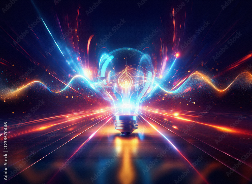 Aufkleber abstract sci-fi double exposure image of a glowing lightbulb on a vibrant, energy-filled background.