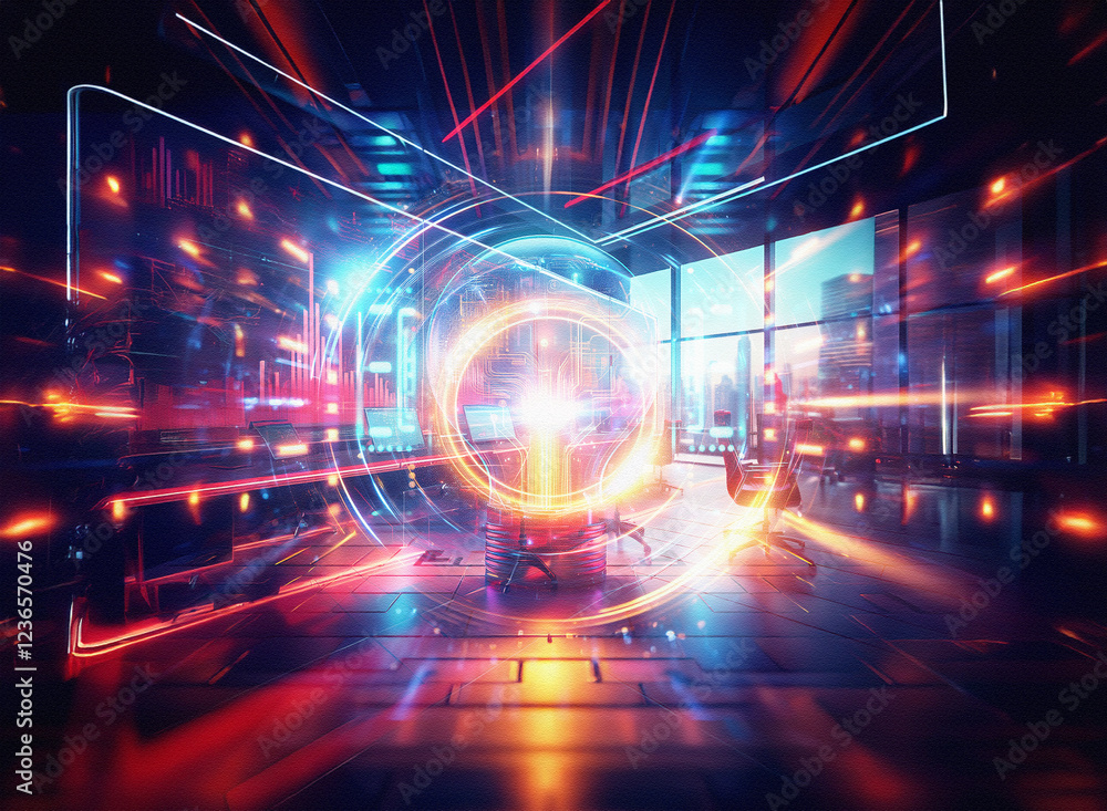 Poster abstract sci-fi double exposure image. vibrant, glowing lights and futuristic architecture create a 